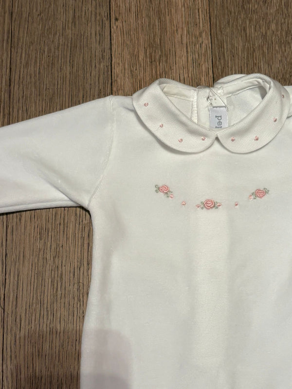 Tutina in ciniglia bianca con roselline ricamate