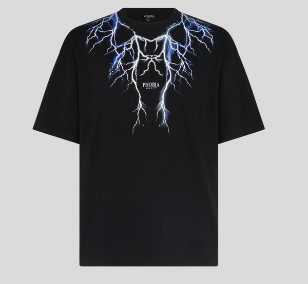 Maglia nera con fulmini neri e grigi