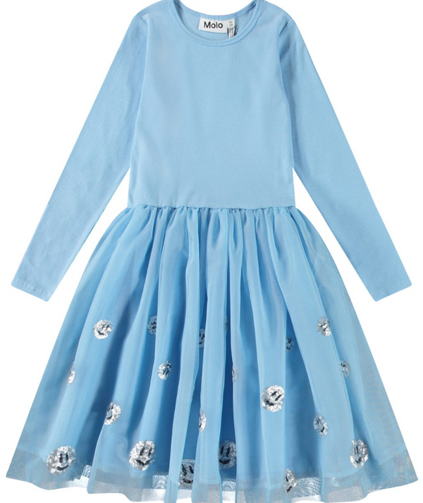 Abito azzurro a maniche lunghe con gonna in tulle