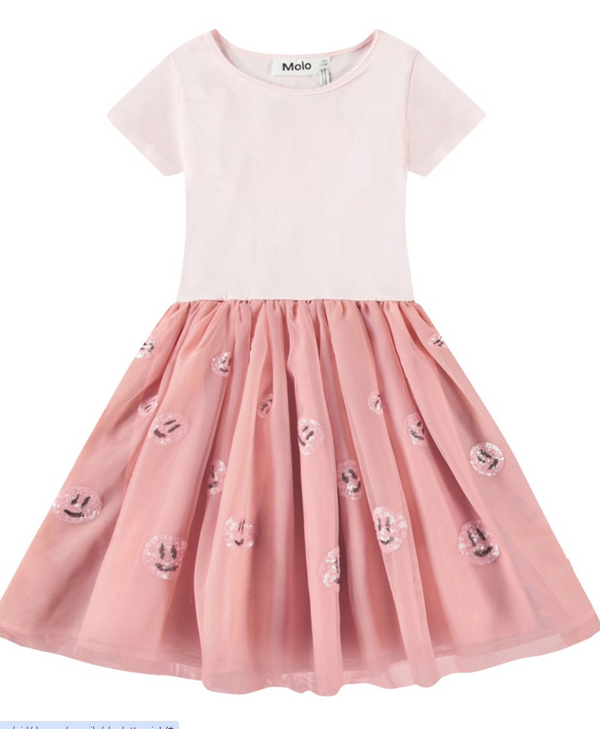 Abito rosa con gonna in tulle e facce sorridenti di paillettes