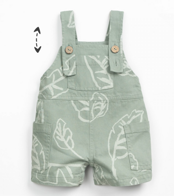 Salopette corta in twill con stampa di foglie tropicali verde
