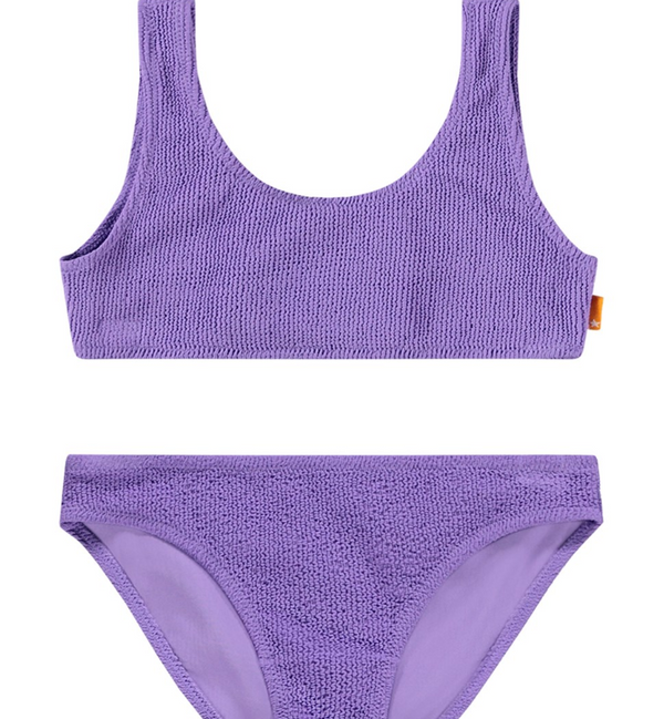 Bikini viola elasticizzato con motivo testurizzato e protezione UV 50+. I