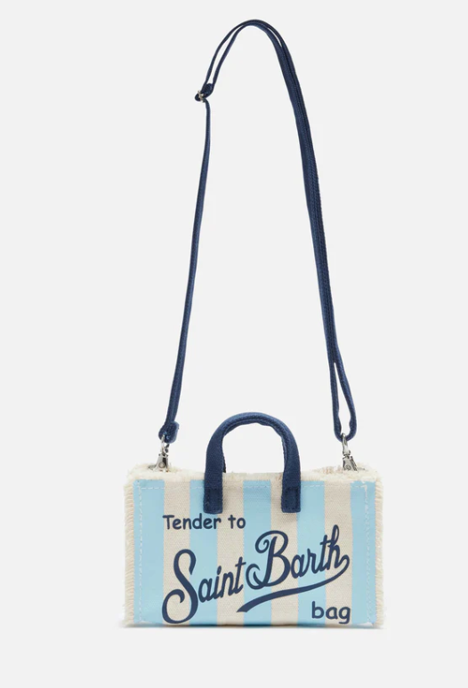 Phone Bag in canvas di cotone con stampa a righe azzurre