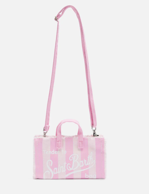 Phone Bag in canvas di cotone con stampa a righe rosa