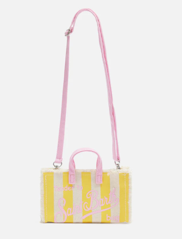 Phone Bag in canvas di cotone con stampa a righe gialle