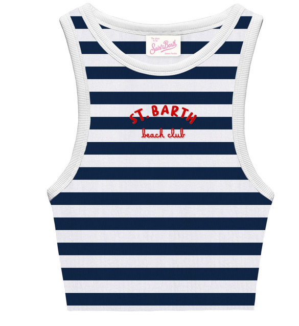 Top cortor in maglia a coste a righe blu/bianca