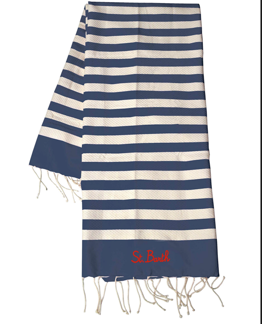 Telo mare blu avorio, in cotone a righe.