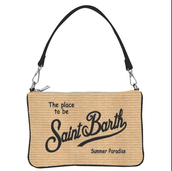 Borsa color naturale in raffia con scritta logo nera ricamata e tracolla lunga removibile