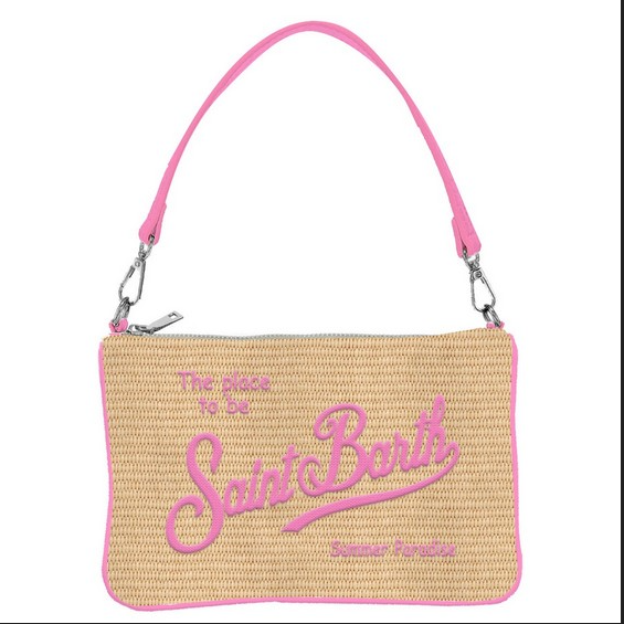 Borsa color naturale in raffia con scritta logo rosa ricamata e tracolla lunga removibile