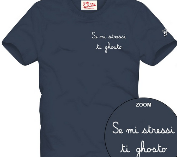 T-shirt da bambino in cotone con ricamo se mi stressi ti ghosto