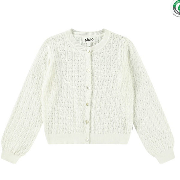 Cardigan bianco lavorato a maglia in morbido cotone biologico con un bellissimo motivo in pizzo