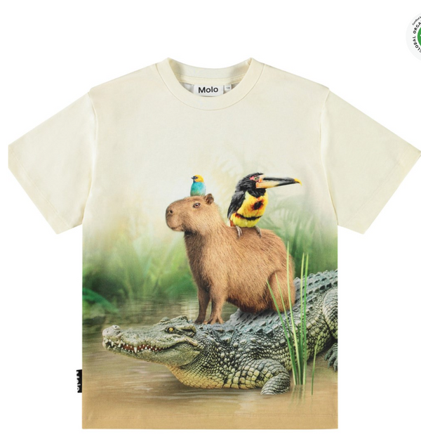 T-shirt beige in cotone biologico con maniche corte e scollo a costine
