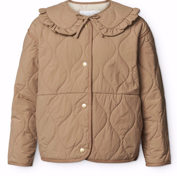Giacca termica marrone impermeabile in nylon riciclato con motivo trapuntato e collo a balza staccabile.