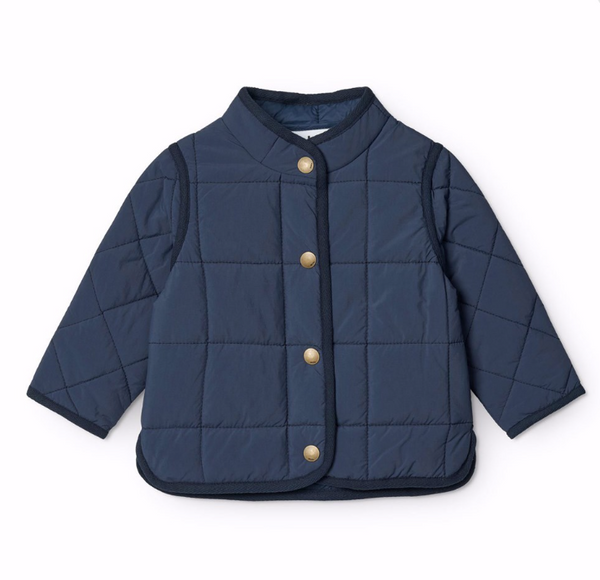 Giacca termica idrorepellente blu scuro in nylon riciclato con motivo trapuntato.
