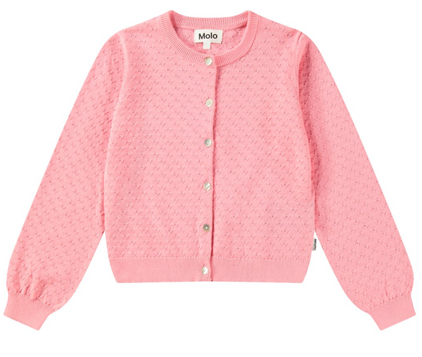 Cardigan rosa lavorato a maglia in cotone biologico con un delicato motivo a maglia