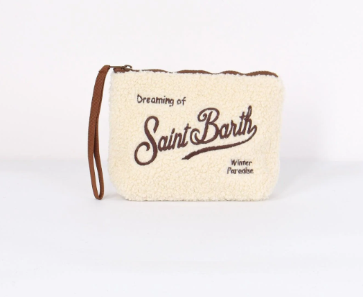 Pochette teddy panna con scritta marrone
