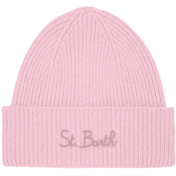 Cappello  rosa MC2 Saint Barth in lana a coste con scritta logo rosa ricamata sul risvolto