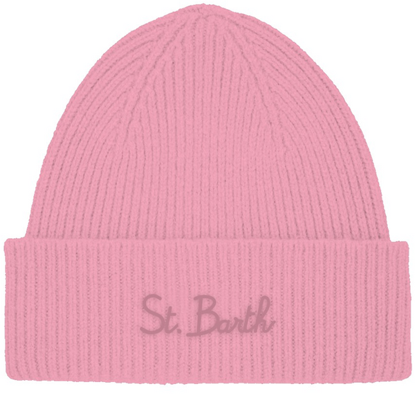 Cappello MC2 Saint Barth in lana a coste con scritta logo pink ricamata sul risvolto