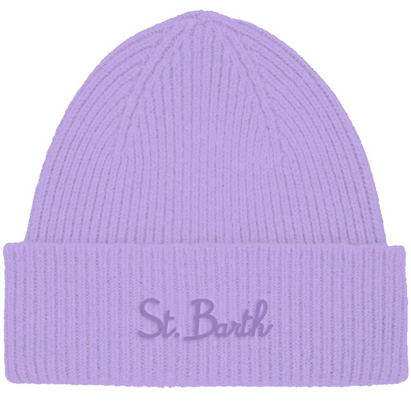 Cappello  MC2 Saint Barth in lana a coste con scritta logo glicine ricamata sul risvolto