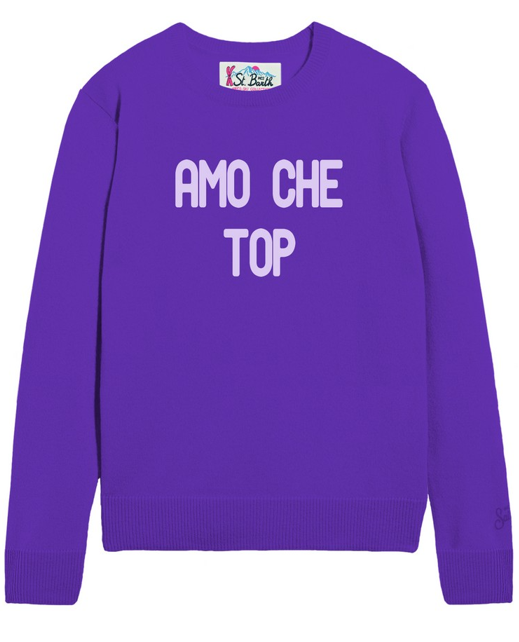 Maglione da bambina a girocollo viola con stampa AMO CHE TOP