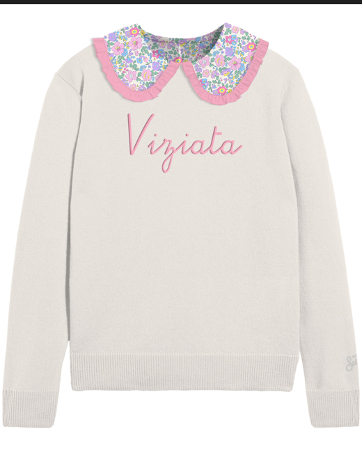 Maglione panna con collo liberty e scritta Viziata
