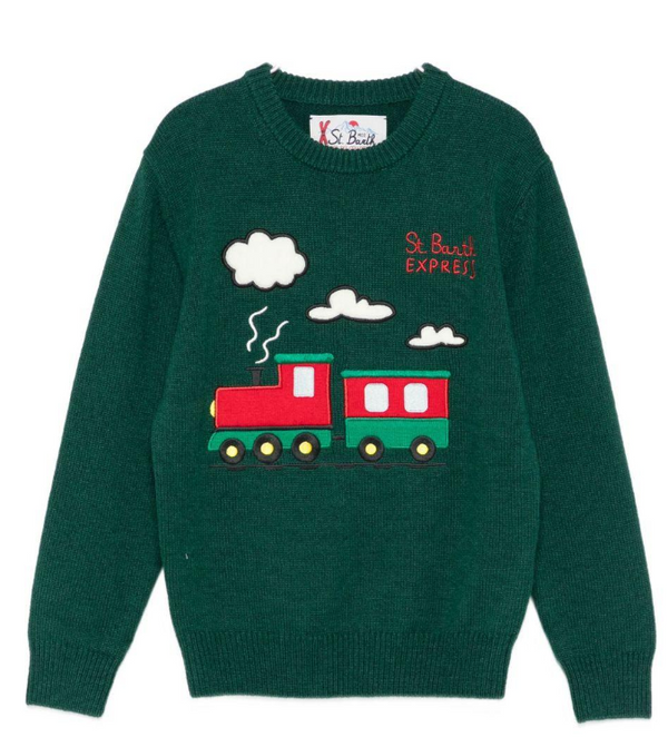 Maglione  MC2 Saint Barth  verde con ricamo treno sul davanti