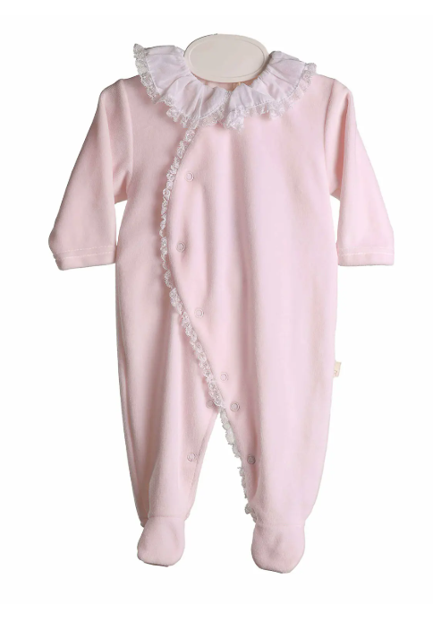 Tutina in ciniglia rosa con collo in cotone e pizzo