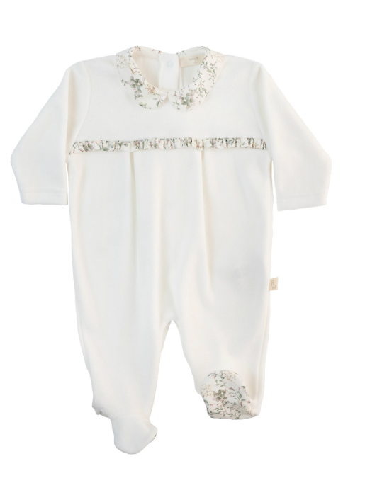 Tutina in ciniglia avorio con profili con fiorellini