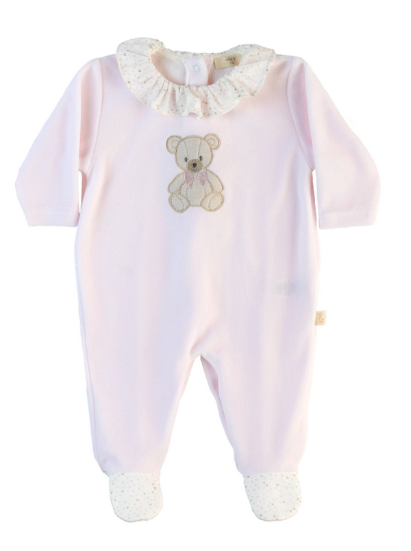 Tutina in Ciniglia rosa con orso e rouche a fiorellini