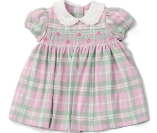 Vestito in flanella verde e rosa con punto smock