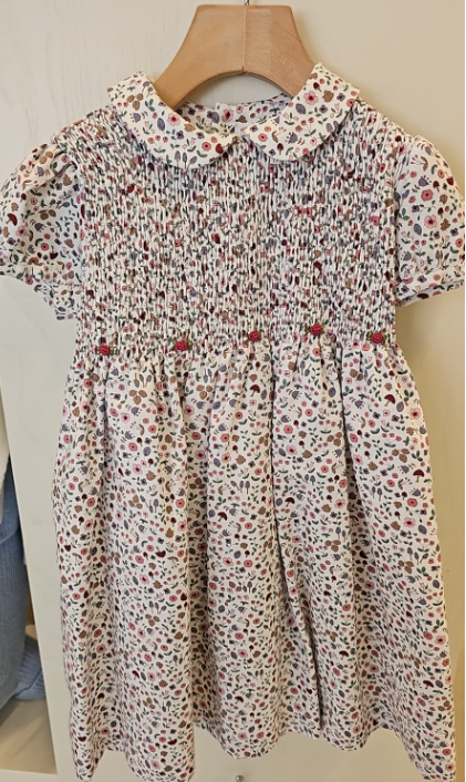 Abito manica corta liberty con rose bordaux ricamate