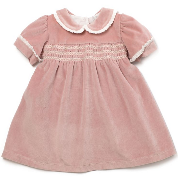 Abito rosa in velluto liscio con punto smock