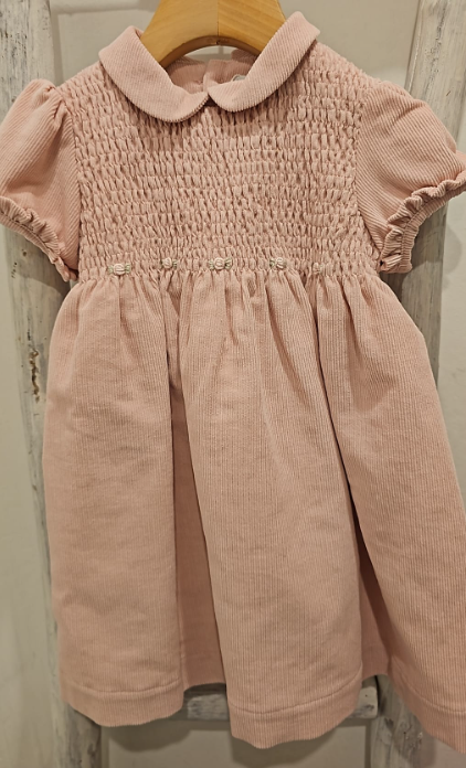 Abito rosa in velluto millerighe e rose ricamate