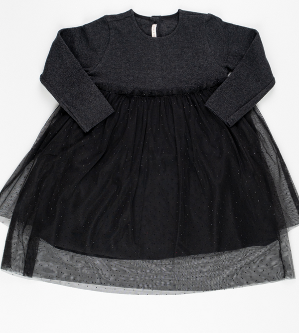 Abito in caldo cotone grigio fumo con gonna in tulle