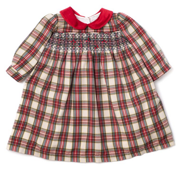 Abito tartan con collo in velluto rosso