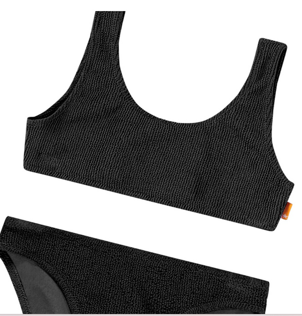 Bikini nero elasticizzato con motivo testurizzato e protezione UV 50+.